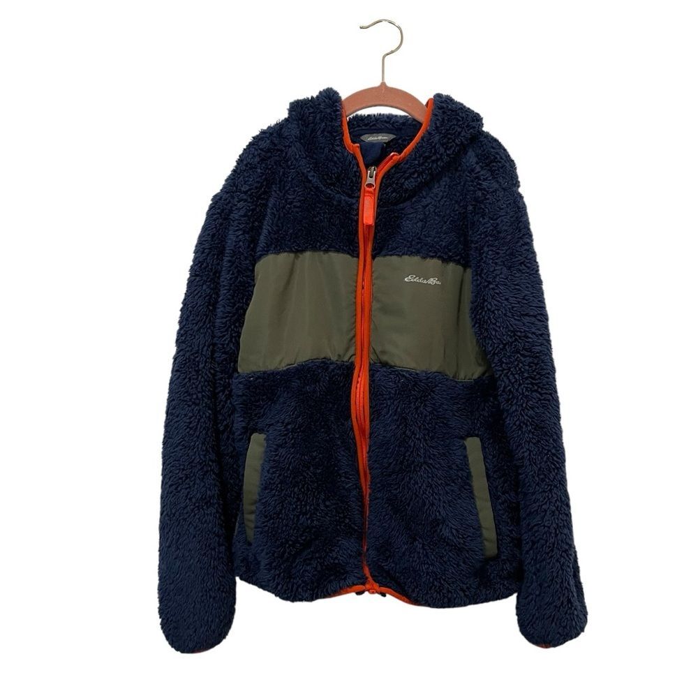 Eddie Bauer Kids Quest Plush Fleece Hooded Jacket Navy Olive Colorblock Size M